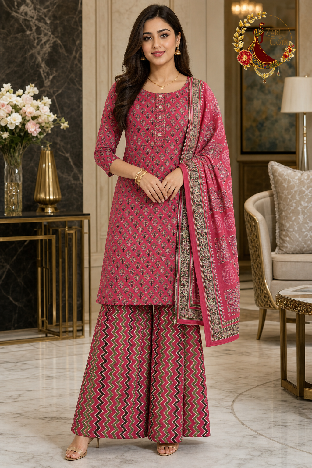Magenta block-print cotton unstitched suit set with chevron sharara and bordered dupatta, worn by a model, Zari and Gota UK