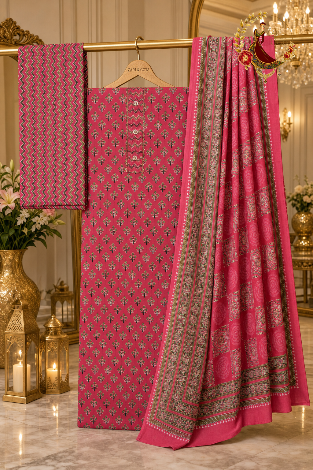 Unstitched magenta block-print cotton suit set components displayed on a hanger: shirt fabric, dupatta and chevron bottom