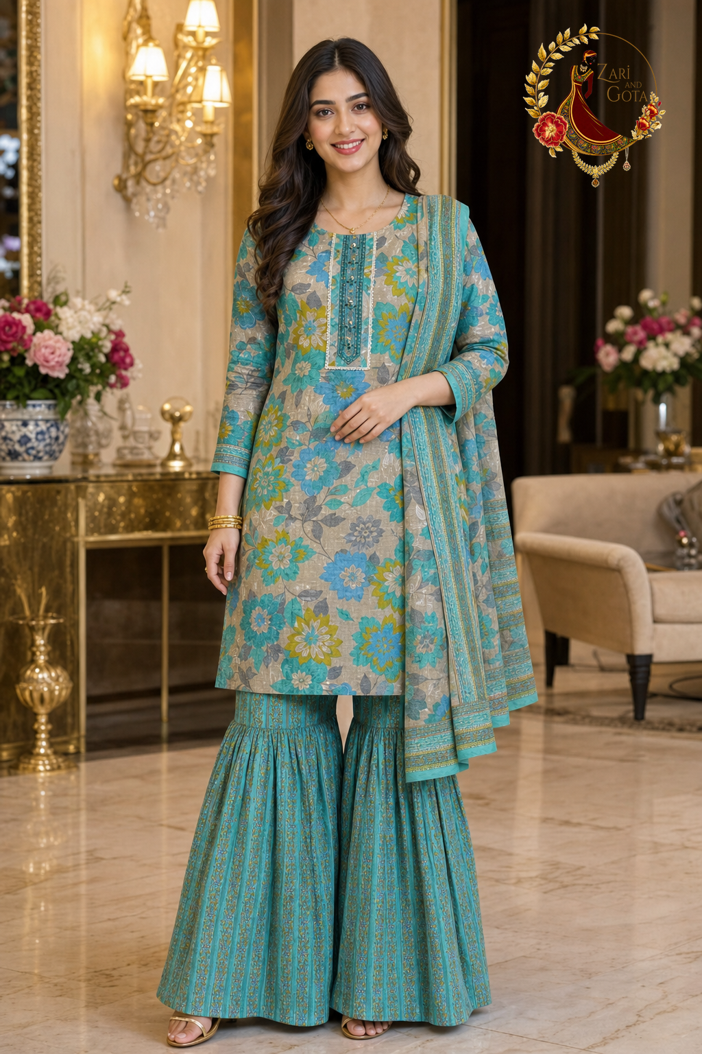 Beige and turquoise floral block-print cotton unstitched suit set with striped gharara and bordered dupatta, worn by a model, Zari and Gota UK