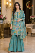 Beige and turquoise floral block-print cotton unstitched suit set with striped gharara and bordered dupatta, worn by a model, Zari and Gota UK