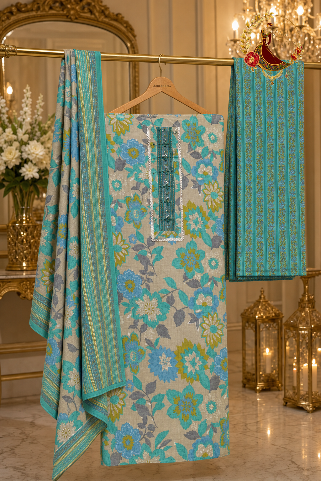 Unstitched blue and beige block-print cotton suit set components displayed on a hanger: shirt fabric, dupatta and striped bottom