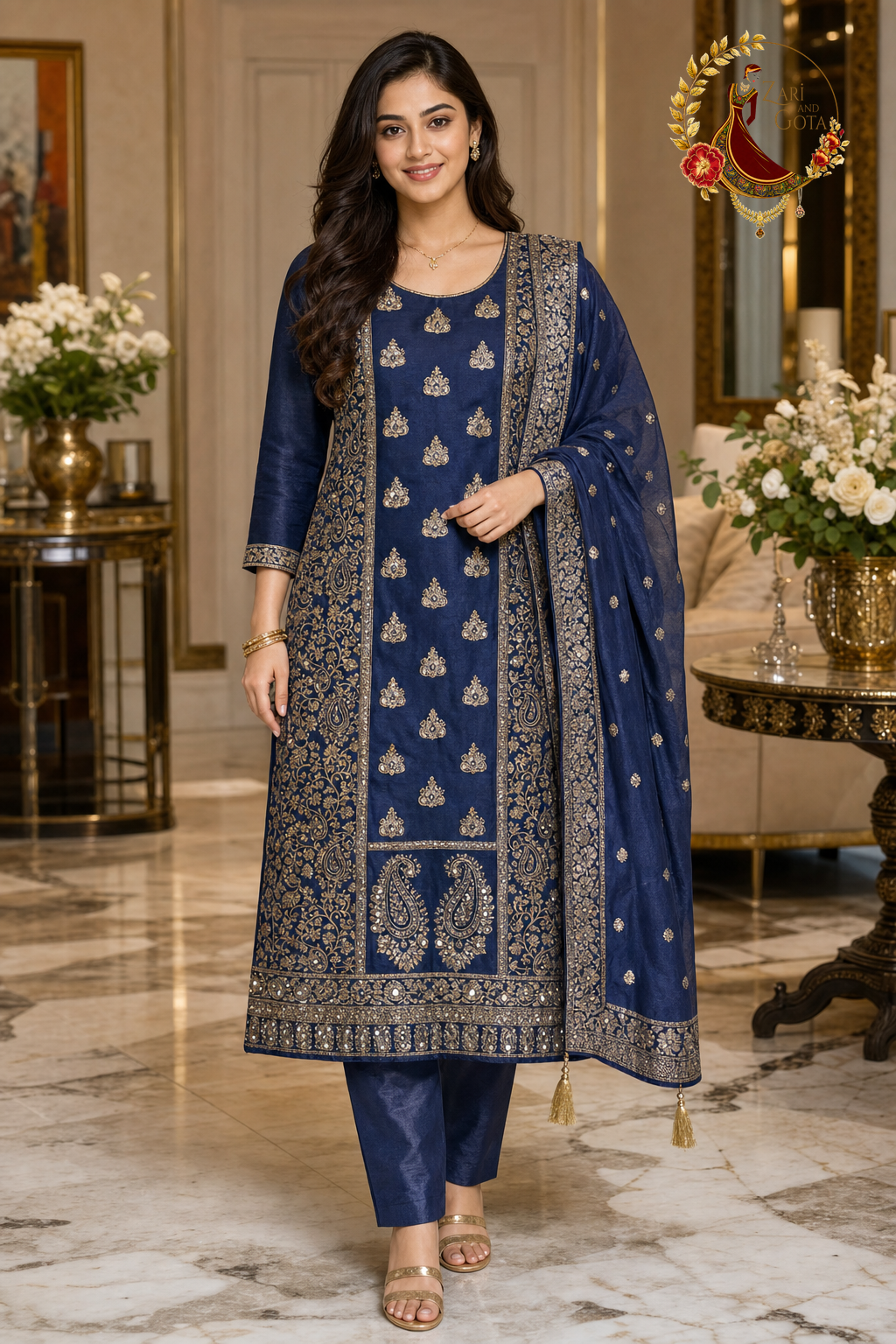 Navy Blue Banarasi silk unstitched suit set with gold zari jaal panels, cutdana paisleys and gold-bordered Banarasi dupatta, worn by a model with straight trousers, Zari and Gota UK