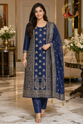 Navy Blue Banarasi silk unstitched suit set with gold zari jaal panels, cutdana paisleys and gold-bordered Banarasi dupatta, worn by a model with straight trousers, Zari and Gota UK