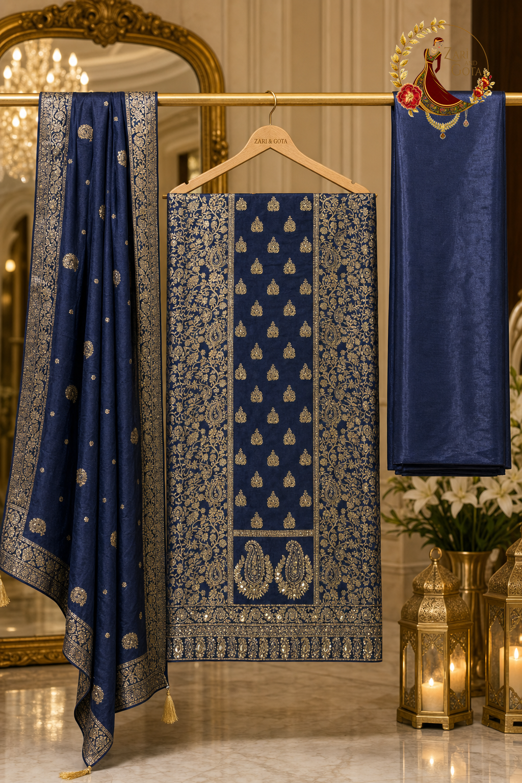 Unstitched navy Banarasi silk zari and cutdana suit set components displayed on a hanger: shirt fabric, Banarasi dupatta and bottom