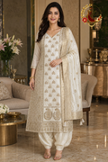 Off White Banarasi silk unstitched suit set with gold zari jaal panels, cutdana paisleys and gold-bordered Banarasi dupatta, worn by a model with plain Punjabi salwar, Zari and Gota UK