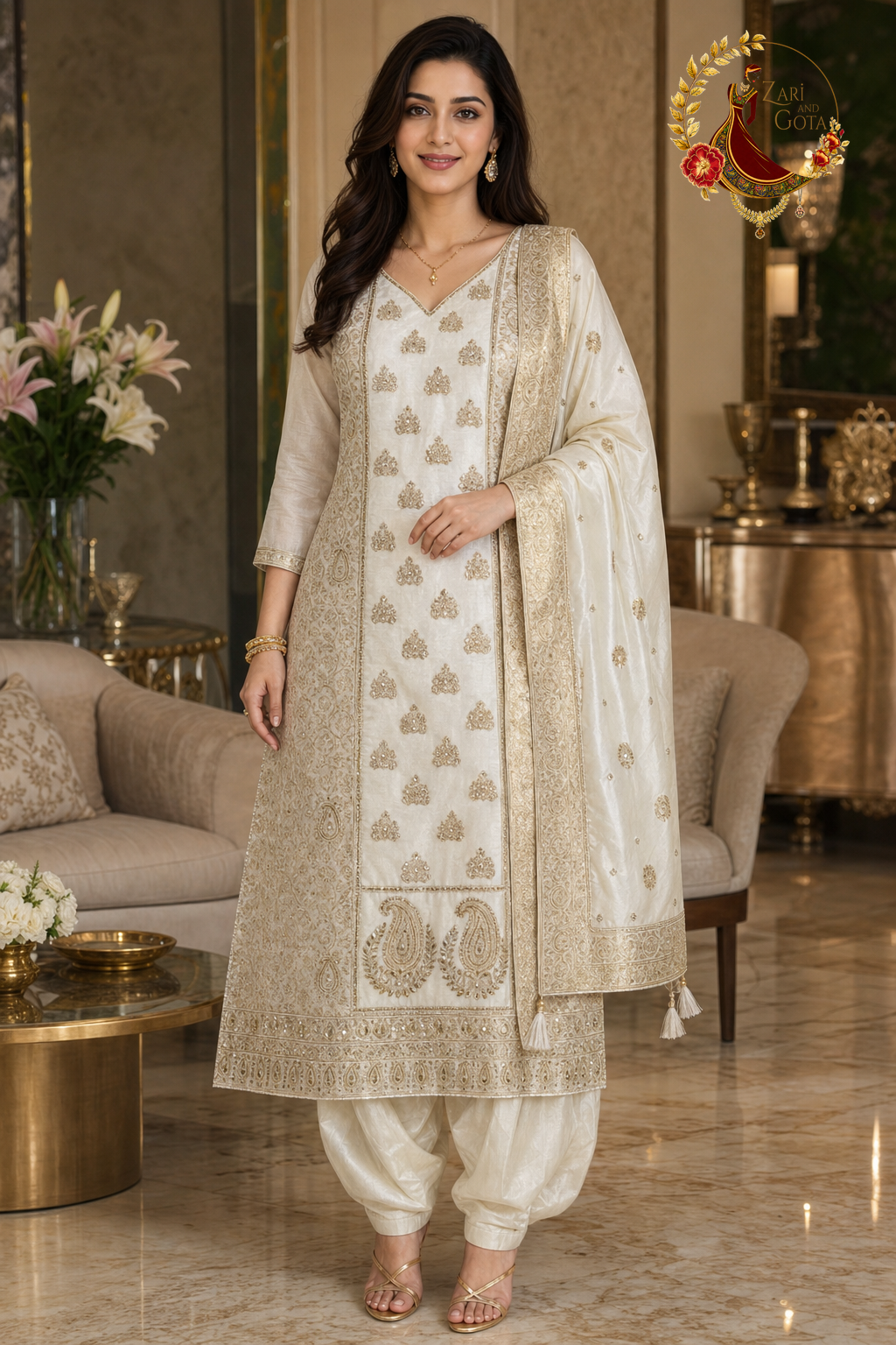 Off White Banarasi silk unstitched suit set with gold zari jaal panels, cutdana paisleys and gold-bordered Banarasi dupatta, worn by a model with plain Punjabi salwar, Zari and Gota UK