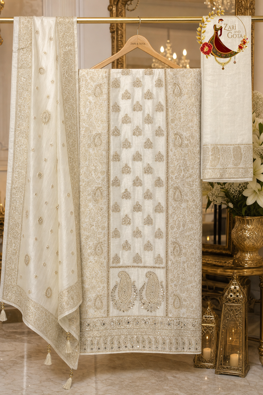 Unstitched cream Banarasi silk zari and cutdana suit set components displayed on a hanger: shirt fabric, Banarasi dupatta and bottom