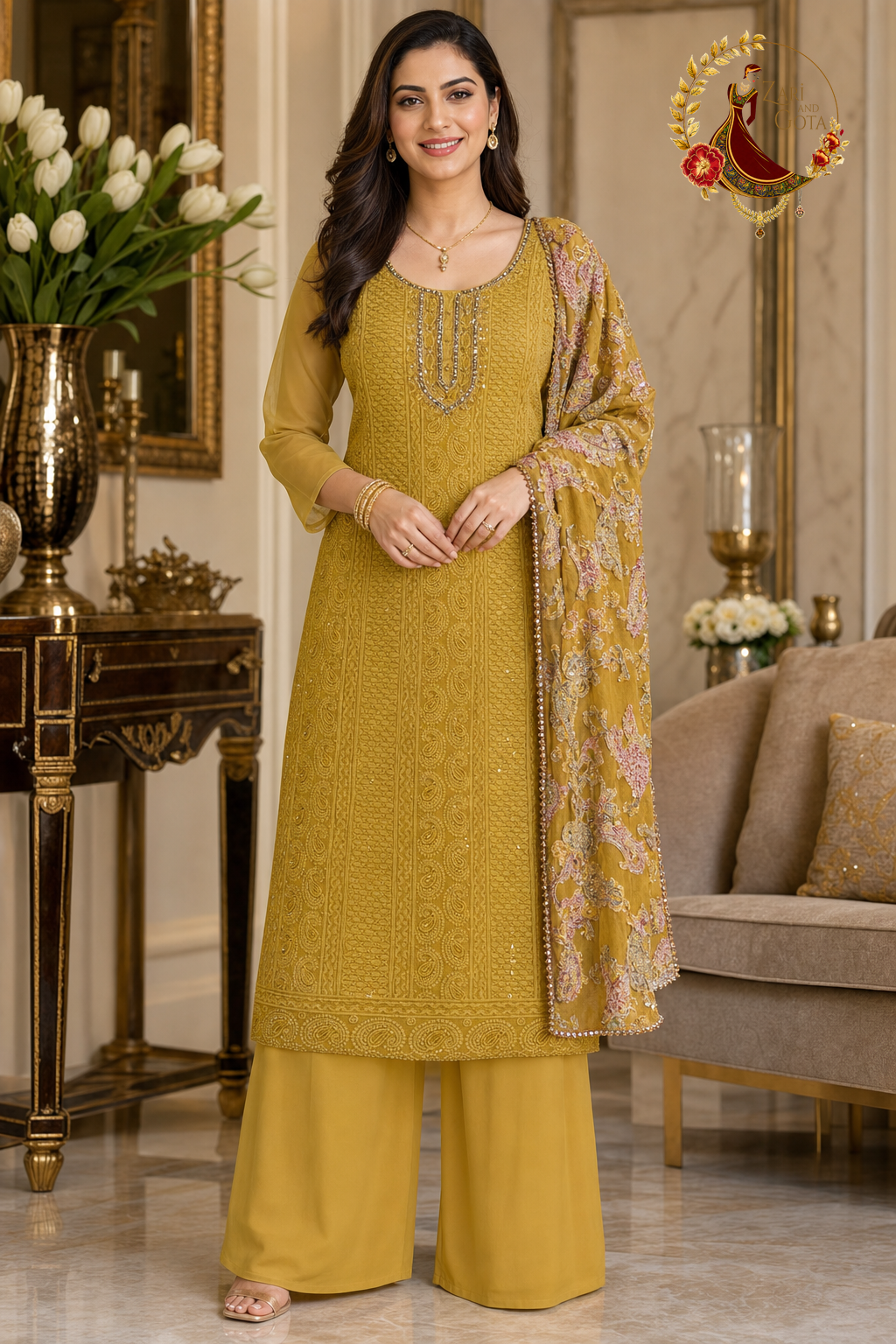 Mustard georgette unstitched suit set with all-over Lucknowi chikankari, beaded neckline and brasso dupatta, worn by a model with palazzo, Zari and Gota UK