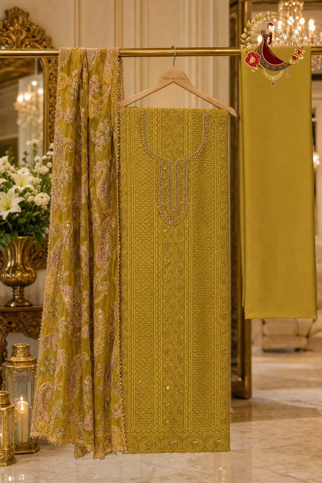 Unstitched mustard georgette chikankari suit set components displayed on a hanger: shirt fabric, brasso dupatta and bottom