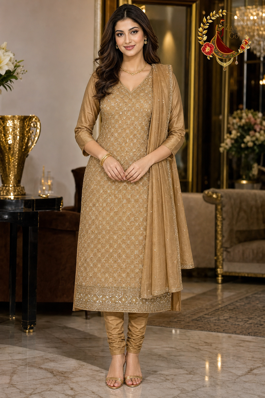 Golden coffee crepe silk unstitched suit set with all-over gold zari trellis, beaded mirror hem band and gold-bordered tabby silk dupatta, worn by a model with churidar, Zari and Gota UK