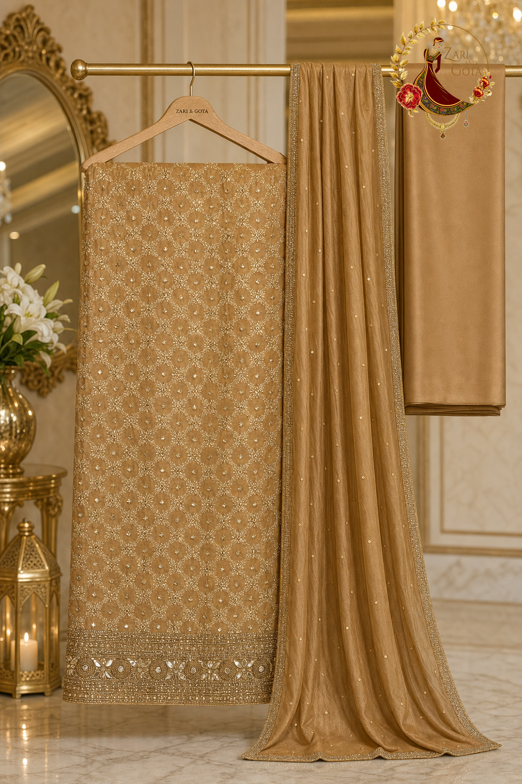 Unstitched golden coffee crepe silk zari trellis suit set components displayed on a hanger: shirt fabric, tabby silk dupatta and bottom