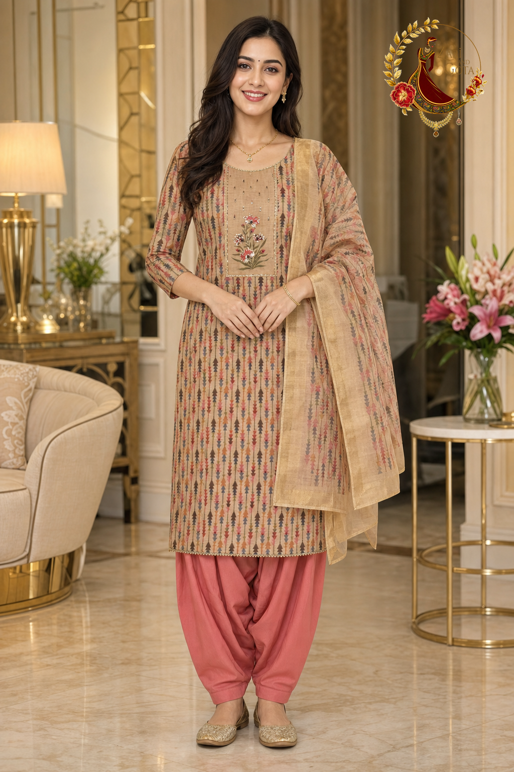 Golden kota silk block-print unstitched suit set with embroidered yoke, coral Punjabi salwar and gold-bordered kota dupatta, worn by a model, Zari and Gota UK