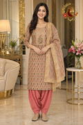 Golden kota silk block-print unstitched suit set with embroidered yoke, coral Punjabi salwar and gold-bordered kota dupatta, worn by a model, Zari and Gota UK