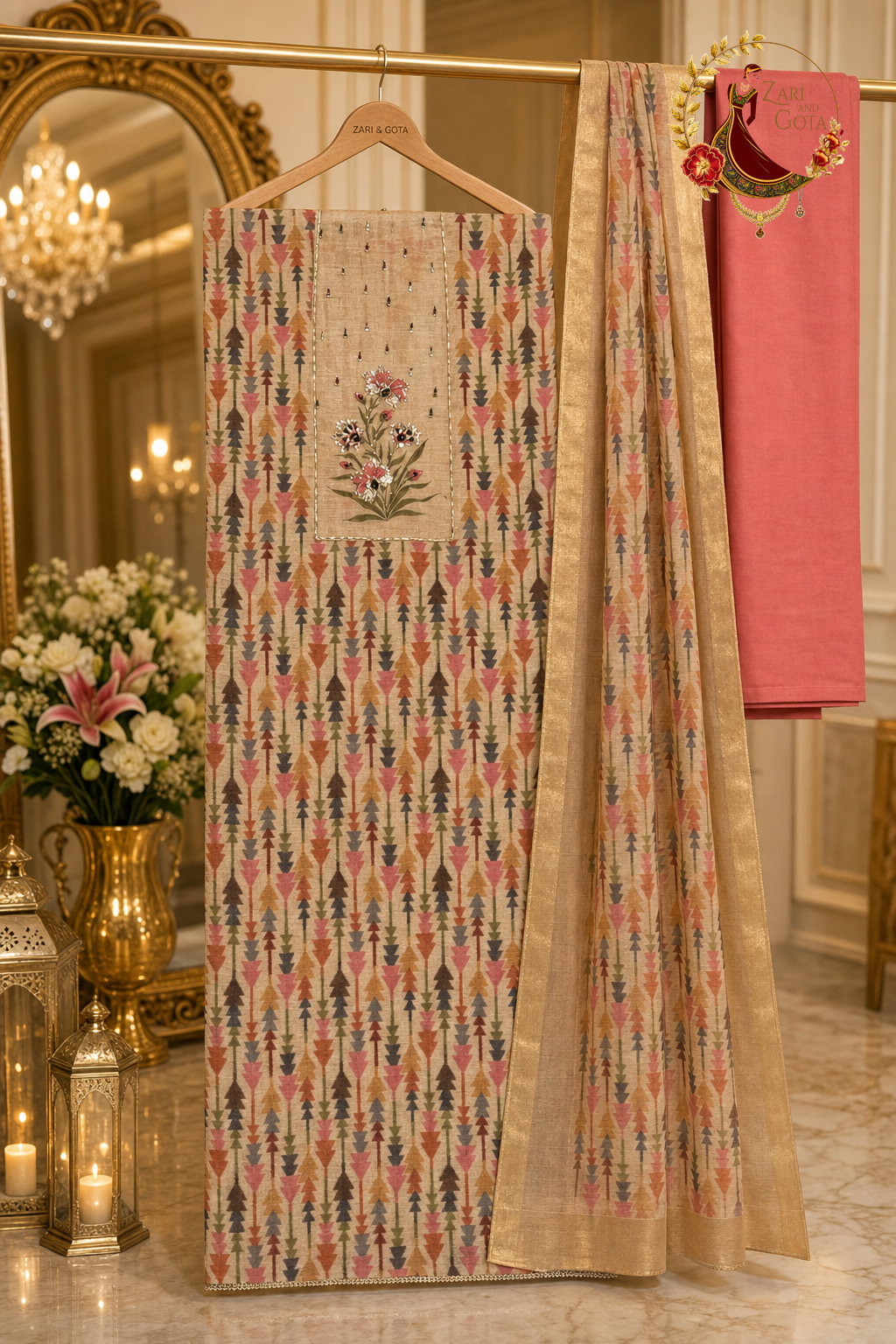 Unstitched golden and pink kota silk block-print suit set components displayed on a hanger: shirt fabric, kota dupatta and coral bottom