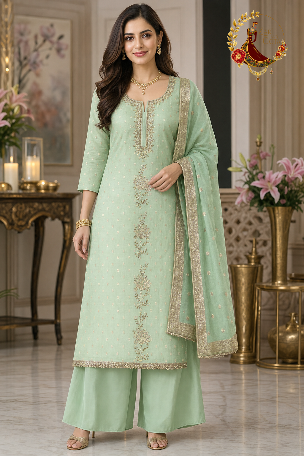 Lemon green Banarasi silk unstitched suit set with gold butis, pearl and cutdana handwork and gold-bordered Banarasi dupatta, worn by a model with palazzo, Zari and Gota UK