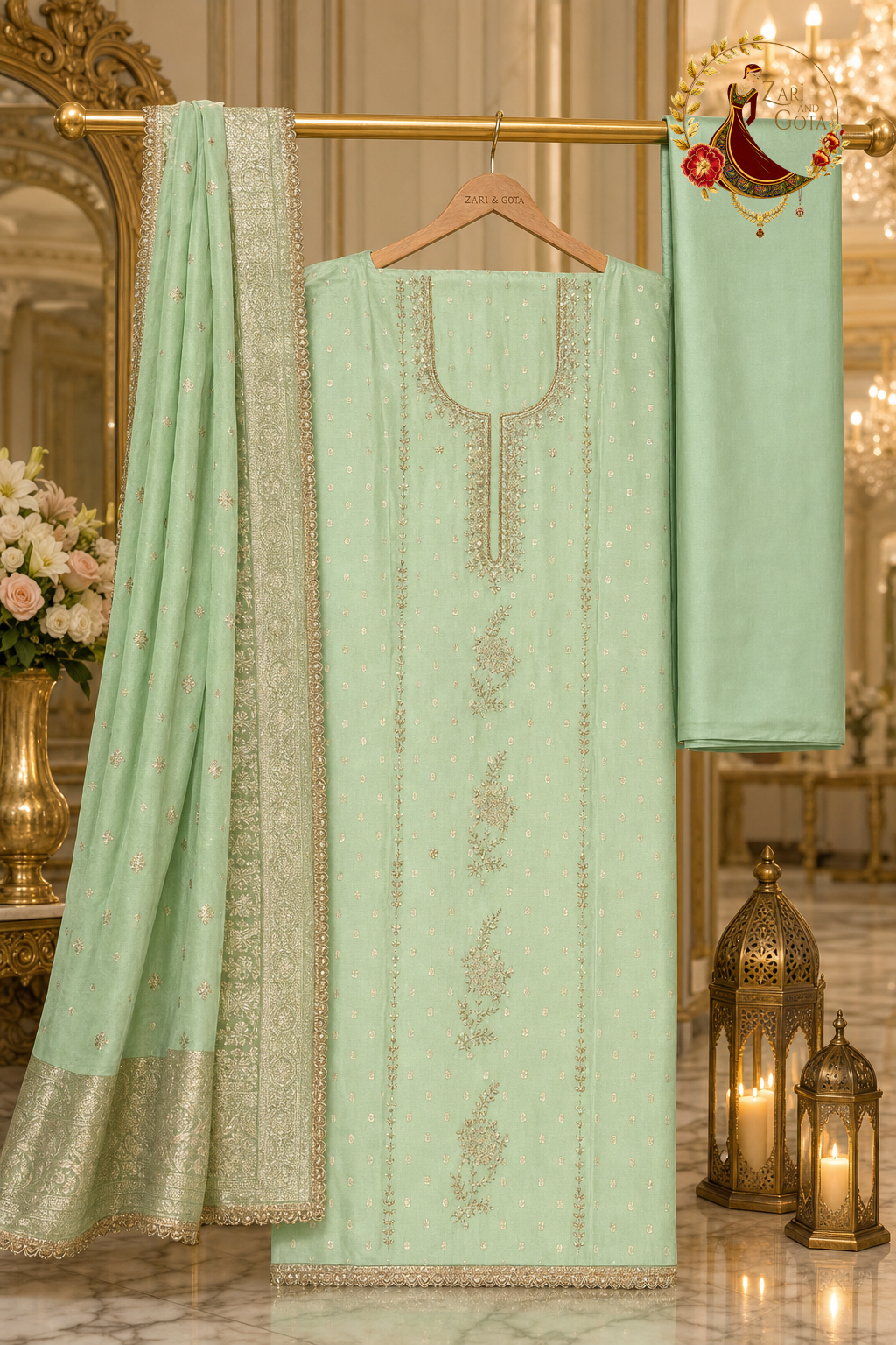 Unstitched lemon green Banarasi silk pearl and cutdana suit set components displayed on a hanger: shirt fabric, Banarasi dupatta and bottom