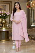 Baby pink cotton unstitched suit set with all-over chikankari and white leaf-print cotton dupatta, worn by a model with churidar, Zari and Gota UK