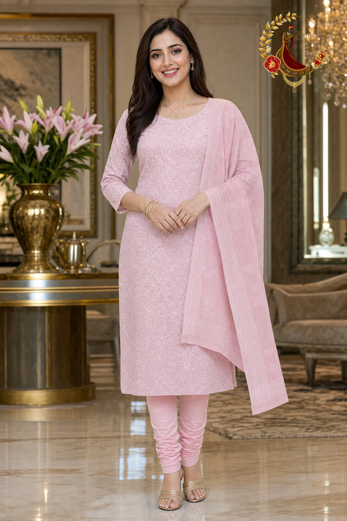 Baby pink cotton unstitched suit set with all-over chikankari and white leaf-print cotton dupatta, worn by a model with churidar, Zari and Gota UK