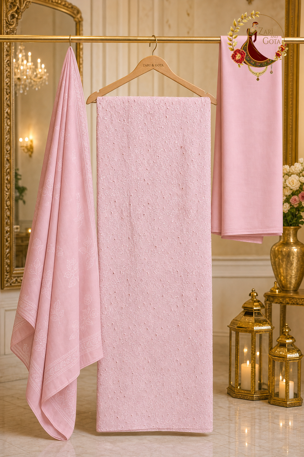 Unstitched baby pink cotton chikankari suit set components displayed on a hanger: shirt fabric, printed cotton dupatta and bottom
