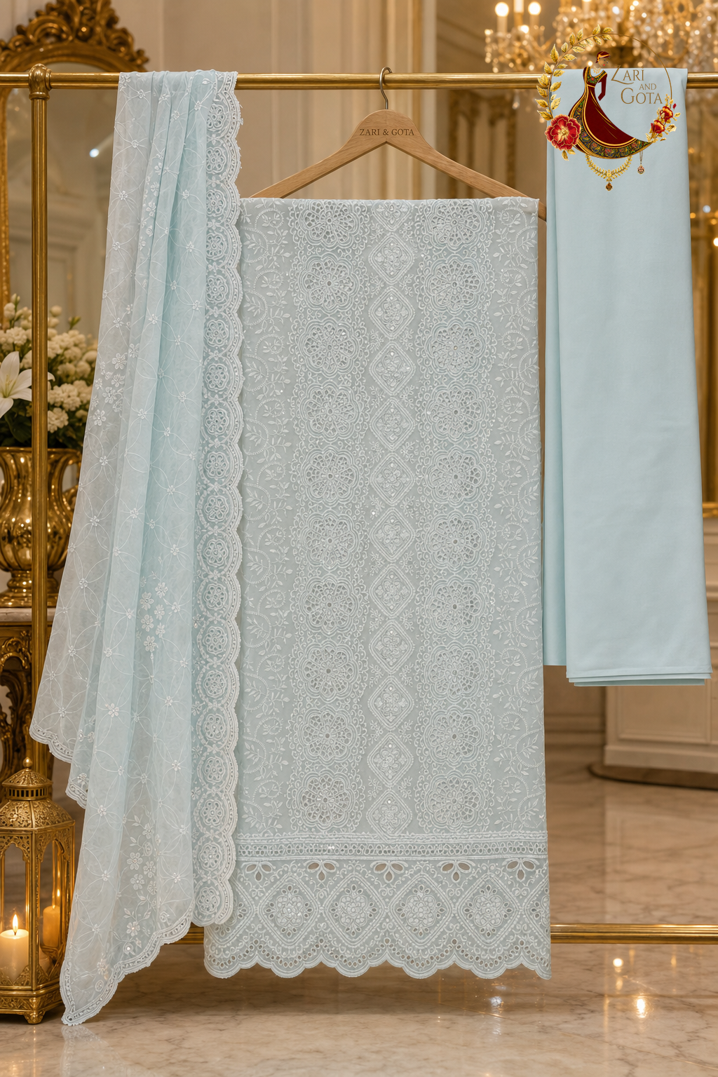 Unstitched sea blue georgette cutwork suit set components displayed on a hanger: shirt fabric, georgette dupatta and bottom