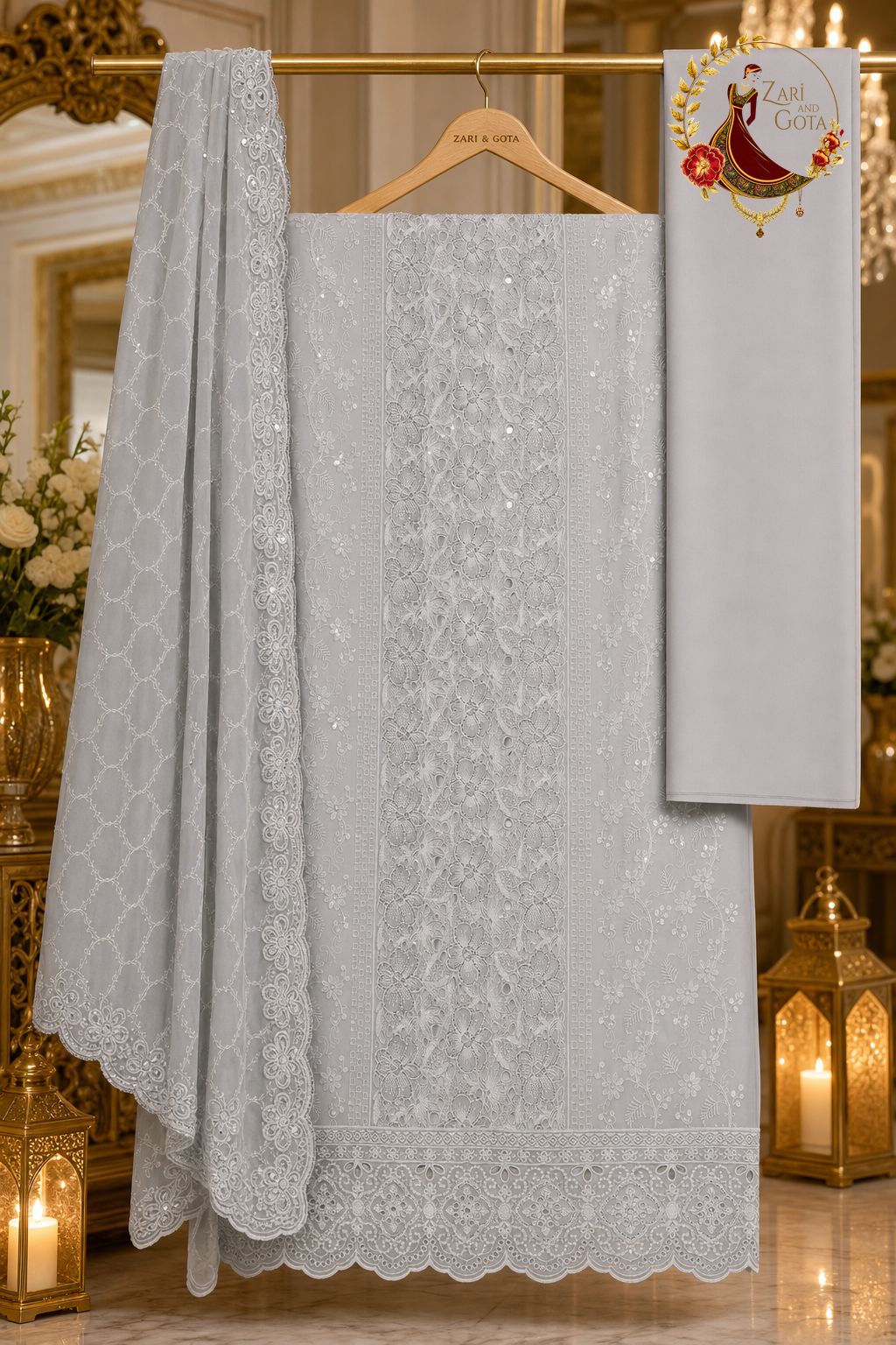 Unstitched grey georgette cutwork suit set components displayed on a hanger: shirt fabric, georgette dupatta and bottom