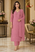 Pink georgette chikankari unstitched suit set with beaded V neckline and chikankari dupatta, worn by a model with straight trousers, Zari and Gota UK