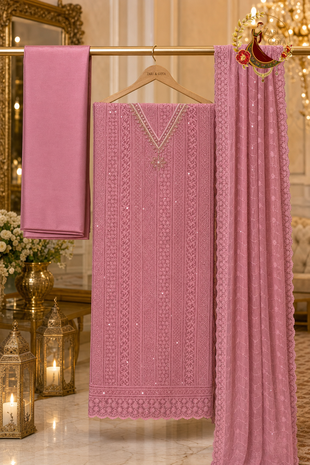 Unstitched pink georgette chikankari suit set components displayed on a hanger: shirt fabric, dupatta and bottom