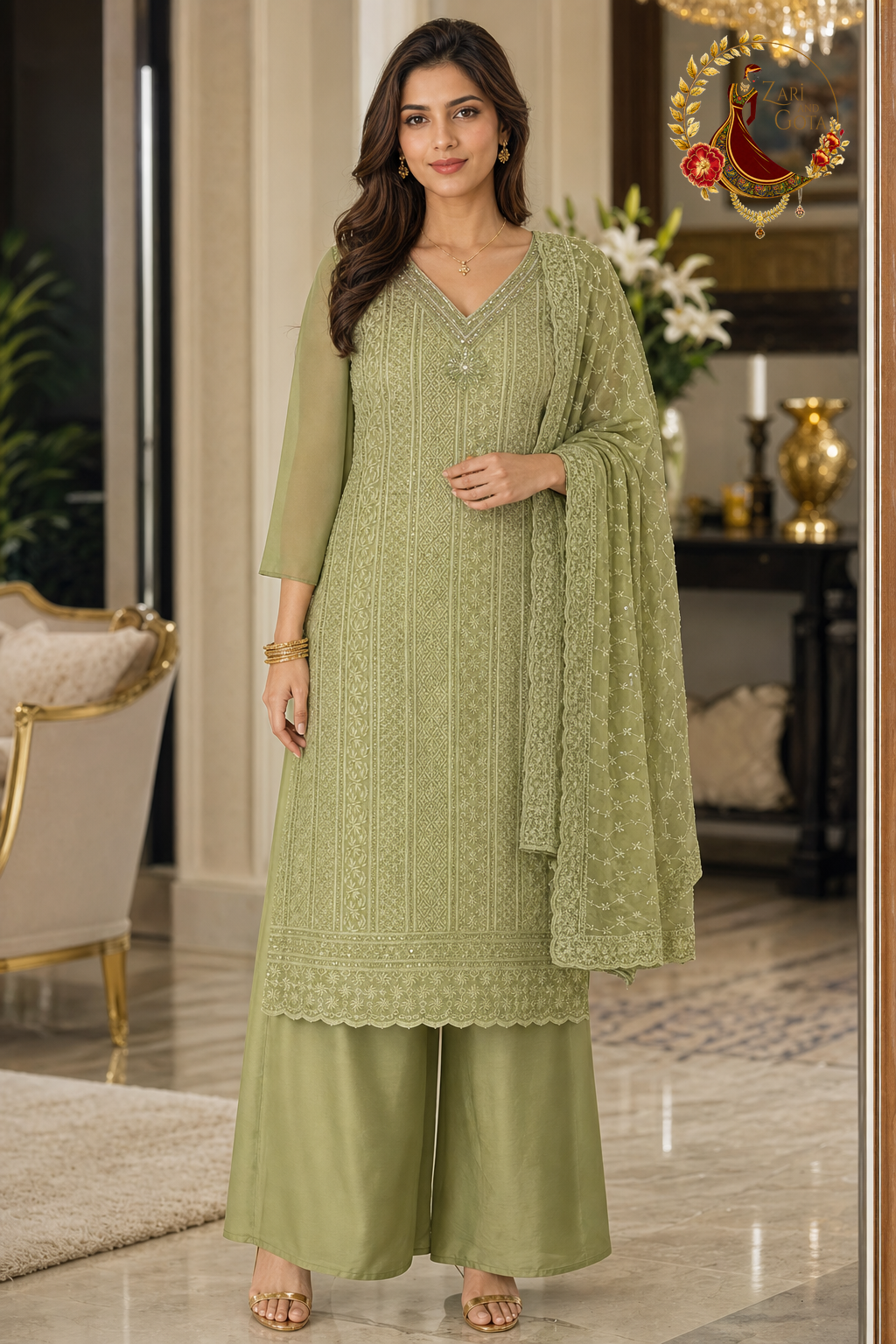Olive Green georgette chikankari unstitched suit set with beaded V neckline and chikankari dupatta, worn by a model with palazzo, Zari and Gota UK