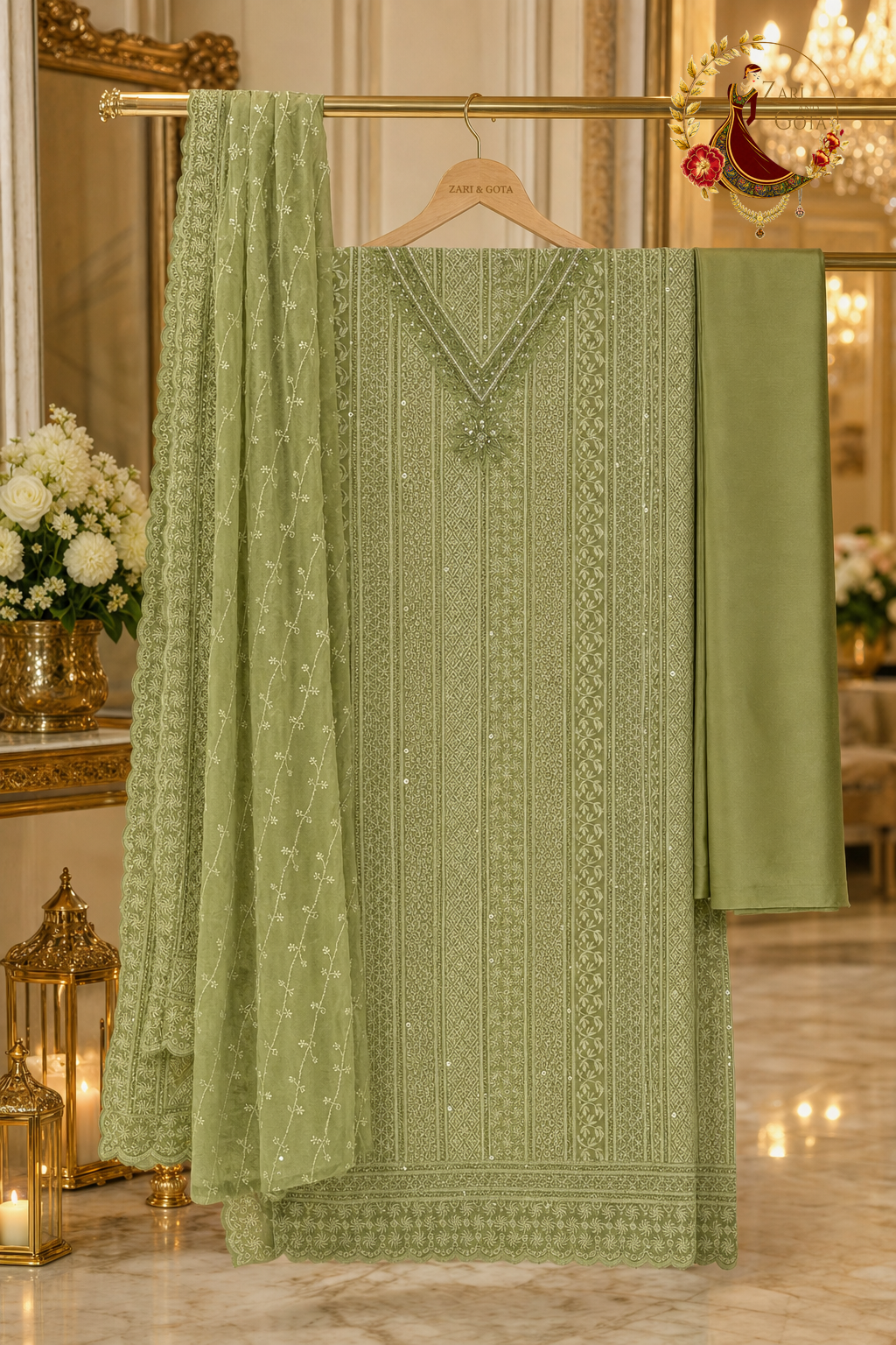 Unstitched olive green georgette chikankari suit set components displayed on a hanger: shirt fabric, dupatta and bottom