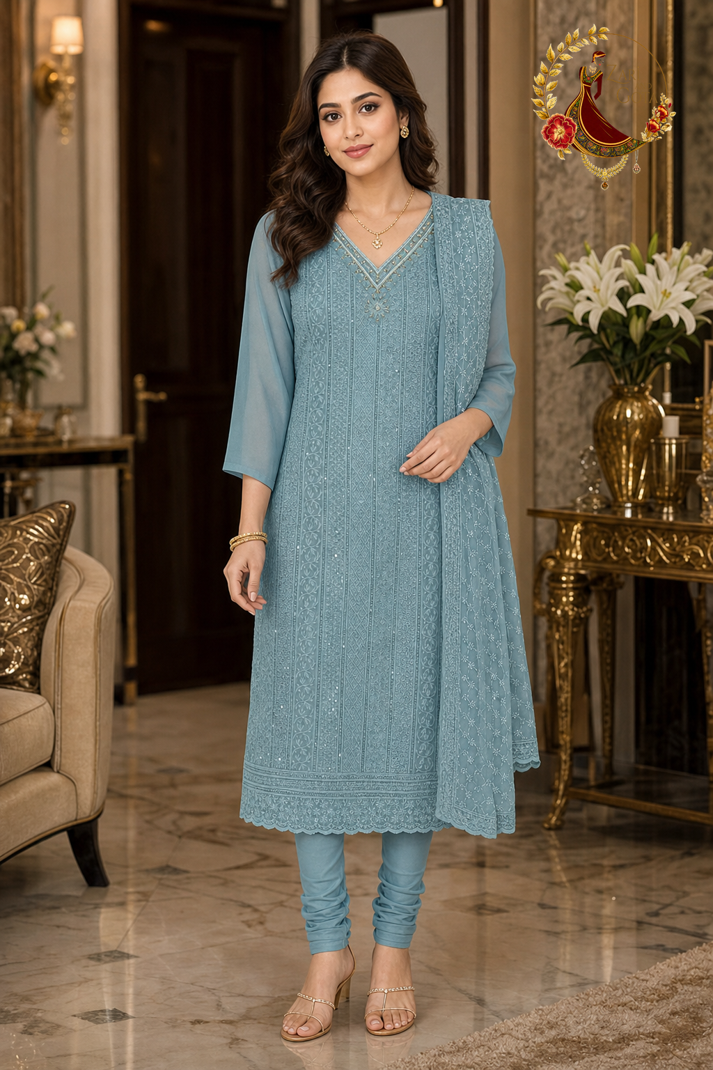 Firozi georgette chikankari unstitched suit set with beaded V neckline and chikankari dupatta, worn by a model with a churidar, Zari and Gota UK