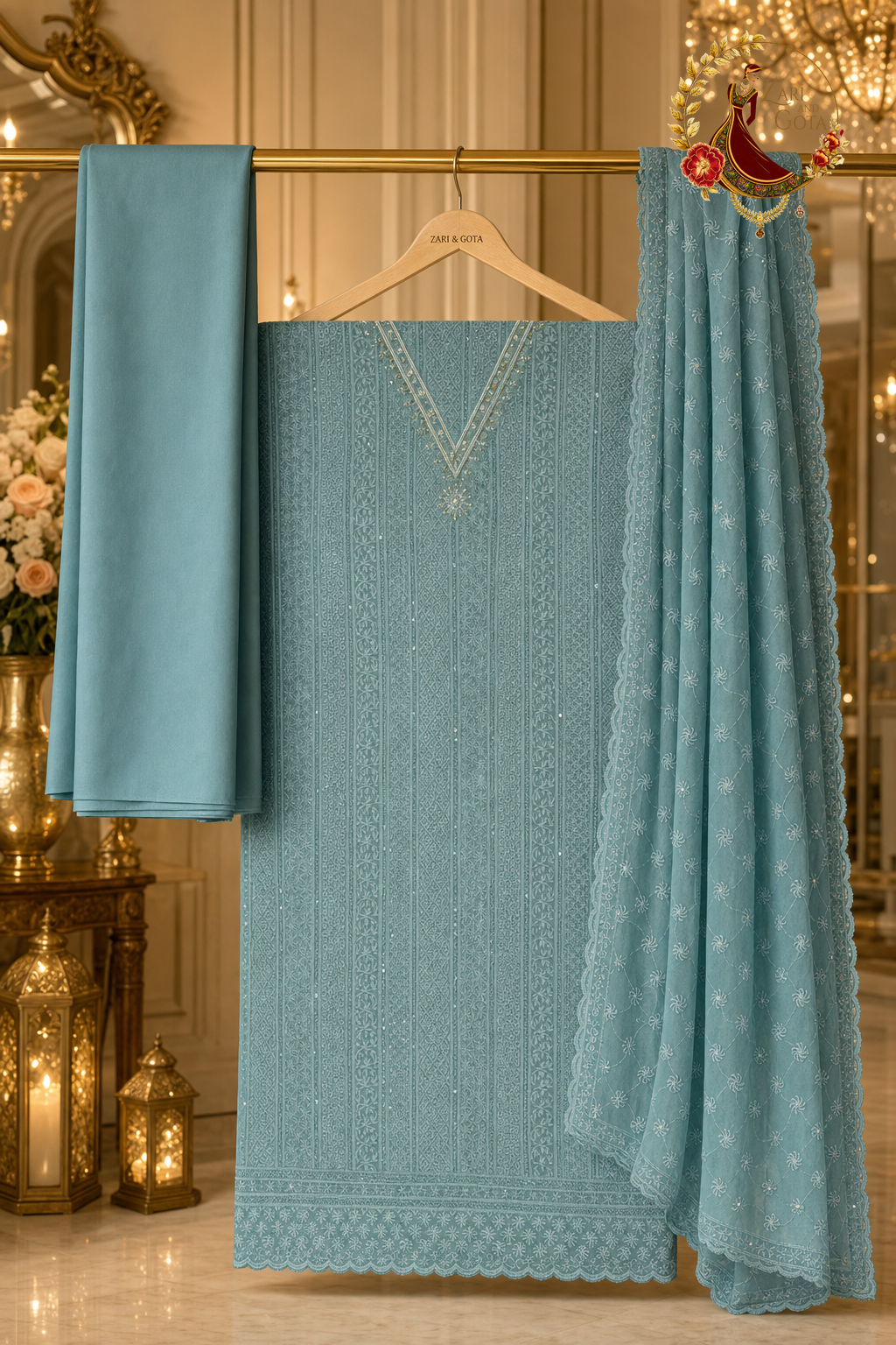 Unstitched firozi georgette chikankari suit set components displayed on a hanger: shirt fabric, dupatta and bottom