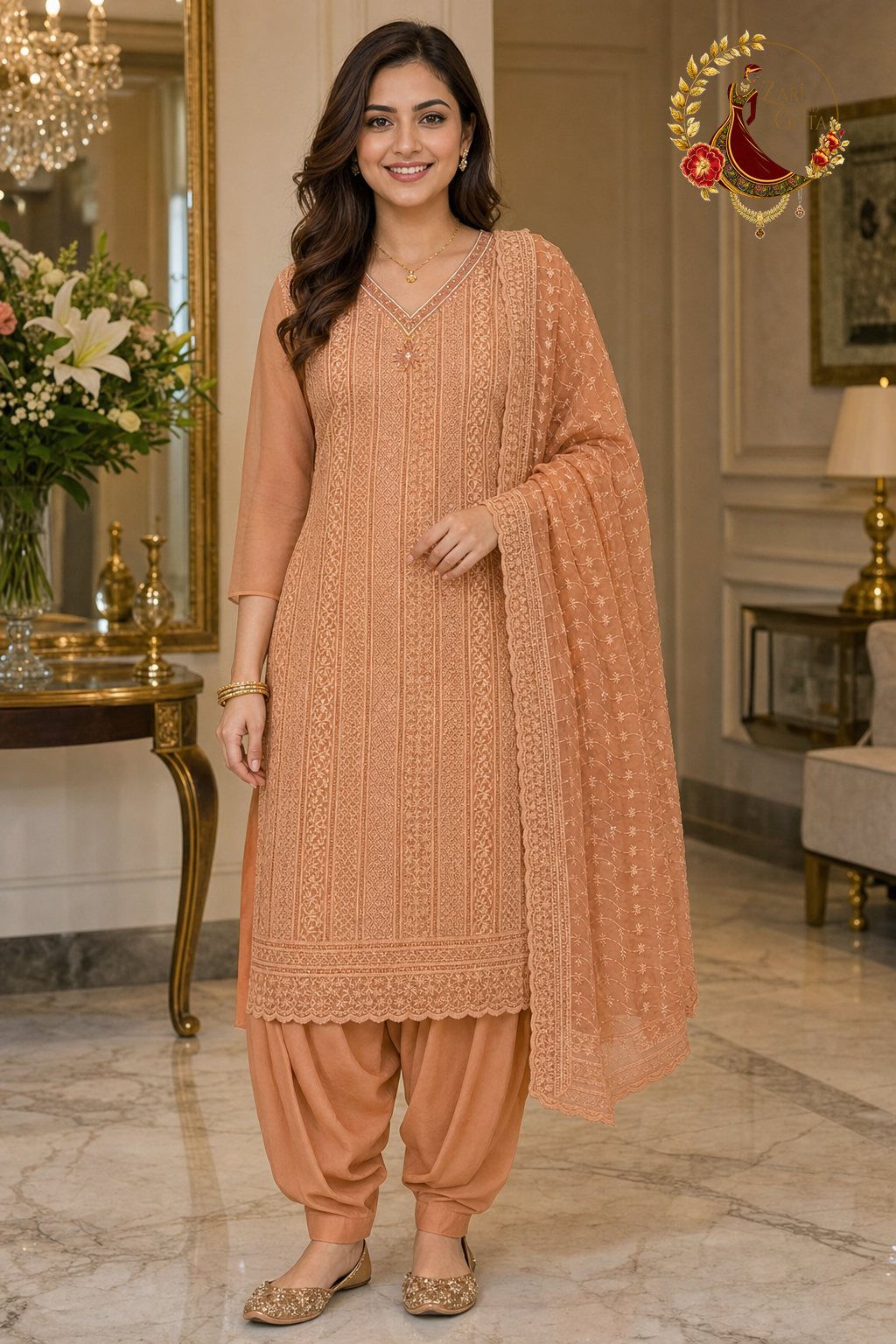 Peach georgette chikankari unstitched suit set with beaded V neckline and chikankari dupatta, worn by a model with a Punjabi salwar, Zari and Gota UK