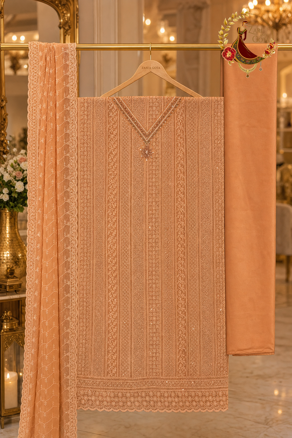 Unstitched peach georgette chikankari suit set components displayed on a hanger: shirt fabric, dupatta and bottom