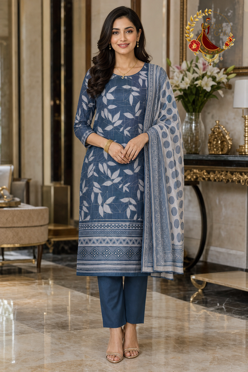 Blue and Silver premium muslin unstitched suit set with leaf design, geometric hem border and polka dot chiffon dupatta, worn by a model with straight trousers, Zari and Gota UK