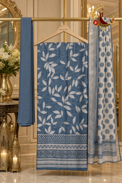 Unstitched blue and silver premium muslin suit set components displayed on a hanger: shirt fabric, chiffon dupatta and bottom