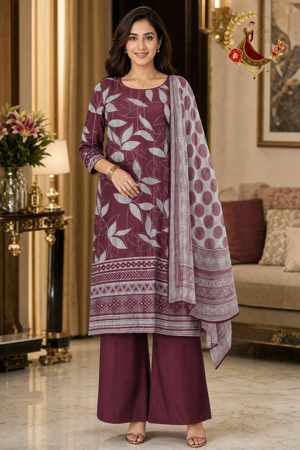 Dark Berry and Silver premium muslin unstitched suit set with leaf design, geometric hem border and polka dot chiffon dupatta, worn by a model with palazzo, Zari and Gota UK