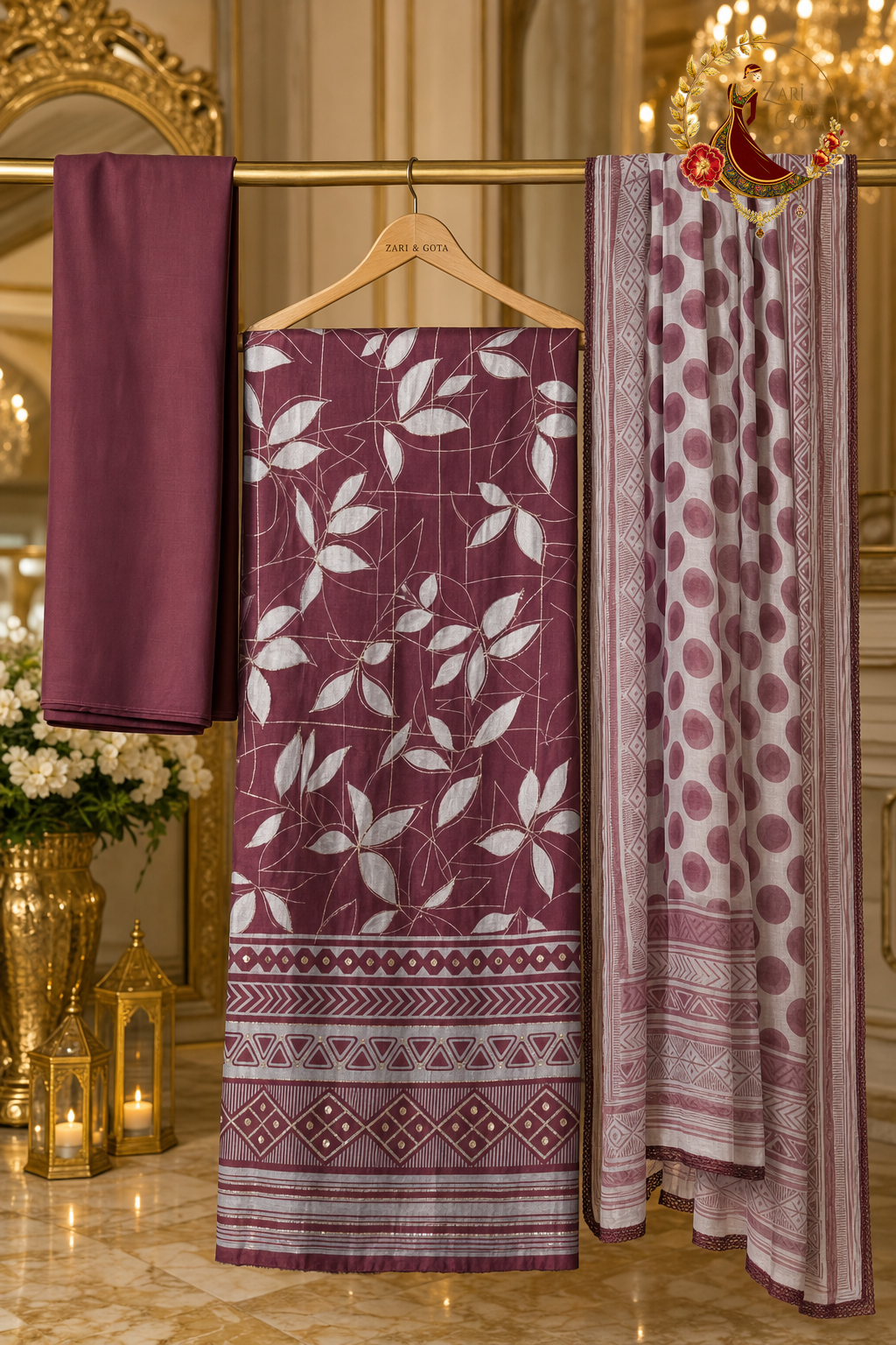 Unstitched dark berry and silver premium muslin suit set components displayed on a hanger: shirt fabric, chiffon dupatta and bottom