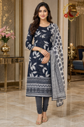 Navy Blue, Black and Silver premium muslin unstitched suit set with leaf design, geometric hem border and polka dot chiffon dupatta, worn by a model with a churidar, Zari and Gota UK