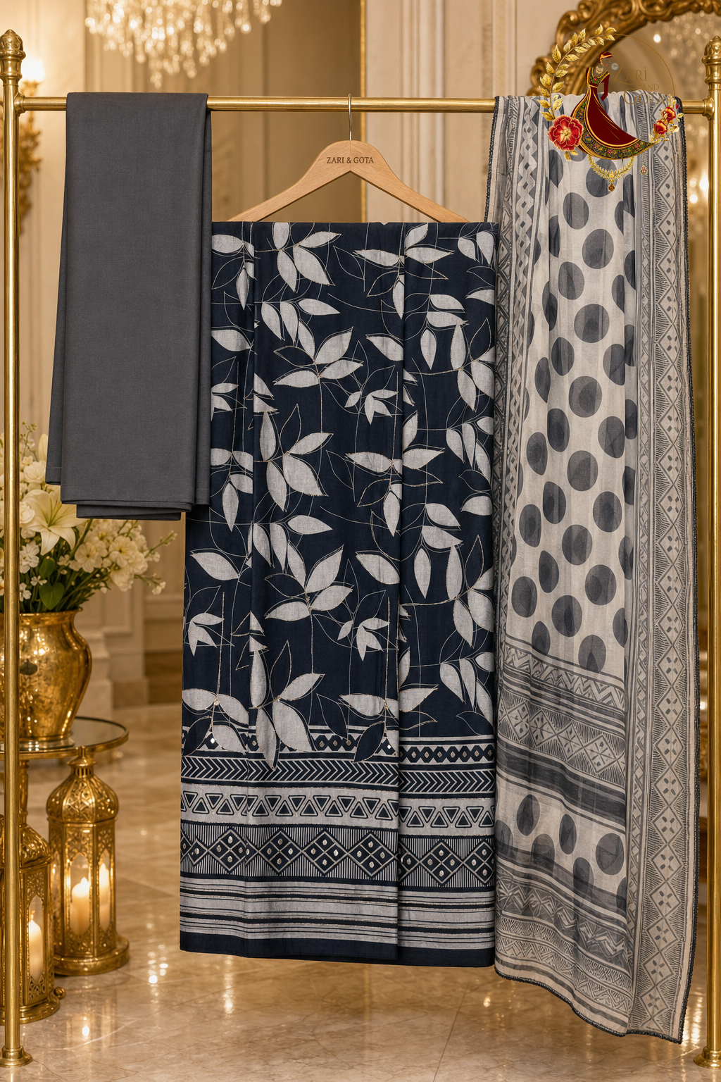 Unstitched navy blue, black and silver premium muslin suit set components displayed on a hanger: shirt fabric, chiffon dupatta and bottom