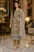 Golden and Silver premium muslin unstitched suit set with leaf design, geometric hem border and polka dot chiffon dupatta, worn by a model with straight trousers, Zari and Gota UK