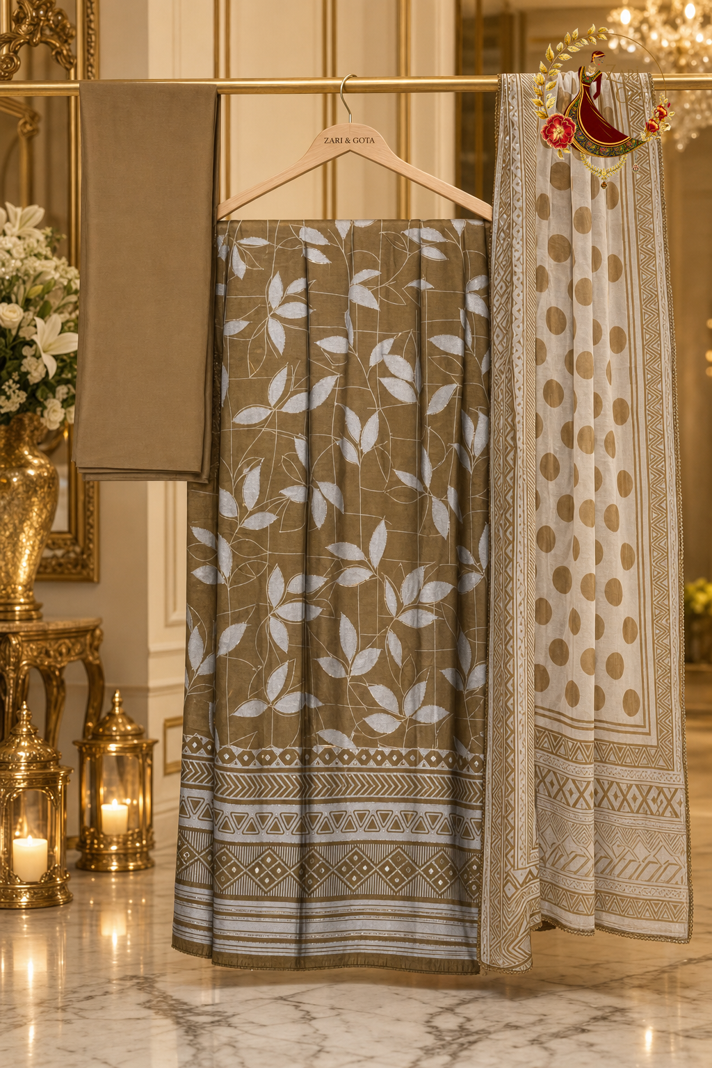 Unstitched golden and silver premium muslin suit set components displayed on a hanger: shirt fabric, chiffon dupatta and bottom