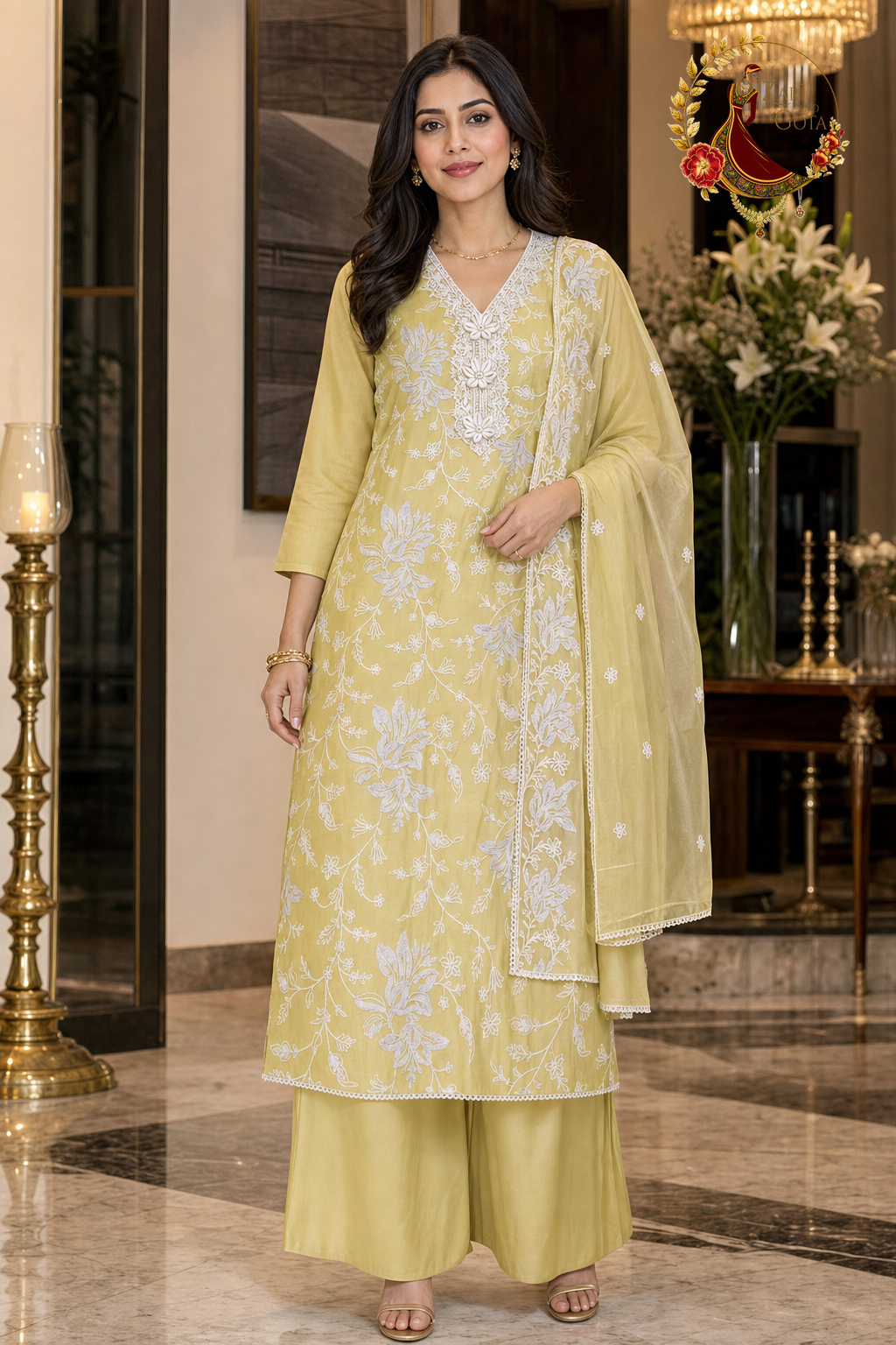 Lemon Yellow cotton silk unstitched suit set with white thread floral embroidery and tissue dupatta, worn by a model with palazzo, Zari and Gota UK
