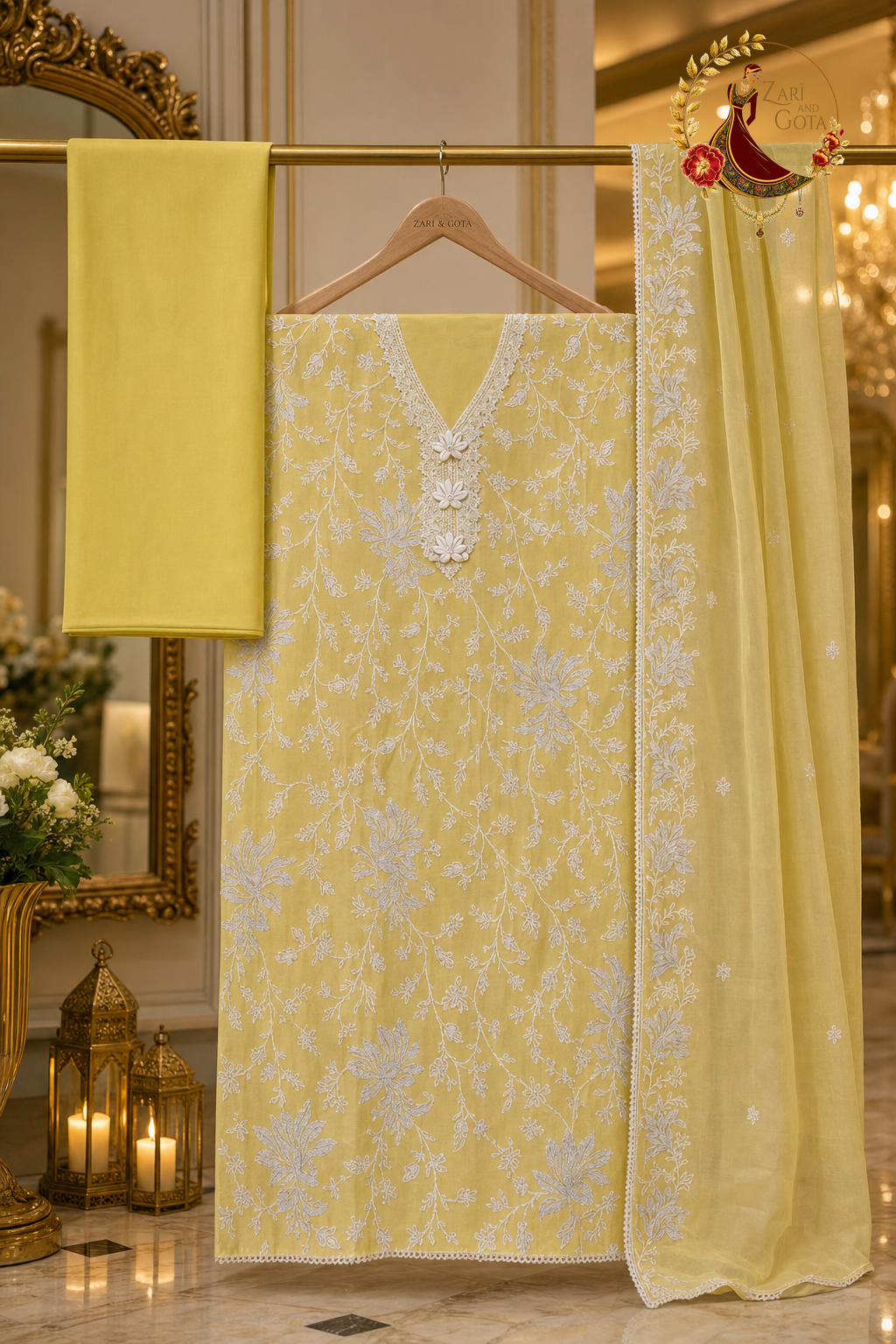 Unstitched lemon yellow cotton silk white thread embroidered suit set components displayed on a hanger: shirt fabric, tissue dupatta and bottom