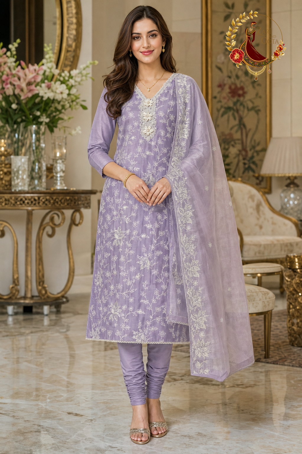 Lavender cotton silk unstitched suit set with white thread floral embroidery and tissue dupatta, worn by a model with a churidar, Zari and Gota UK