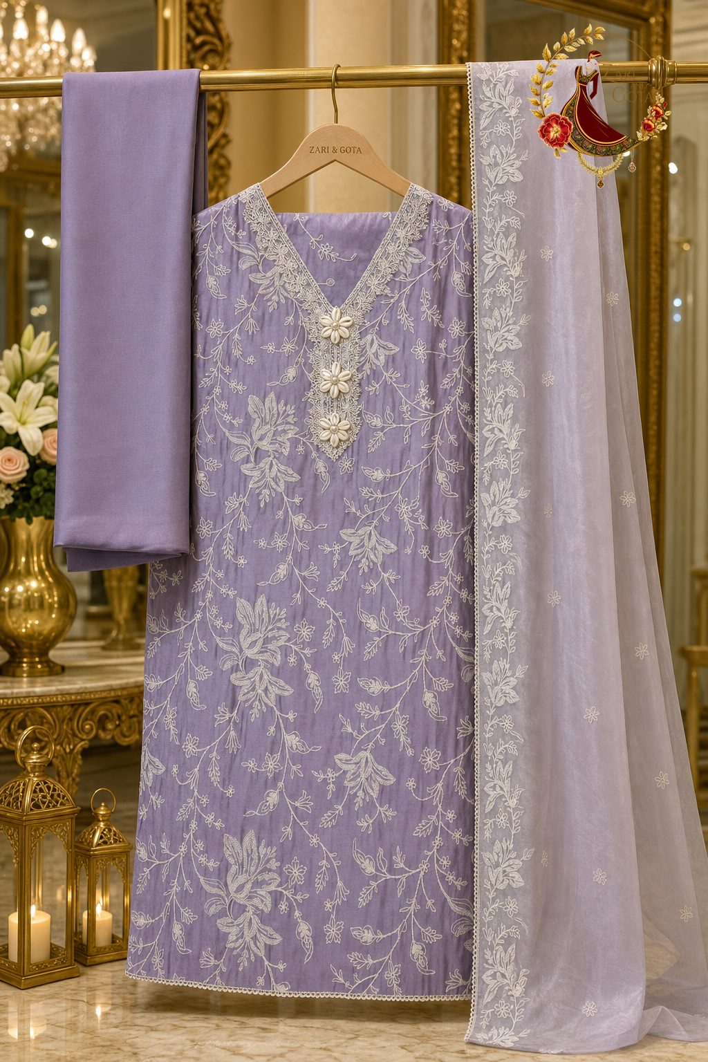 Unstitched lavender cotton silk white thread embroidered suit set components displayed on a hanger: shirt fabric, tissue dupatta and bottom