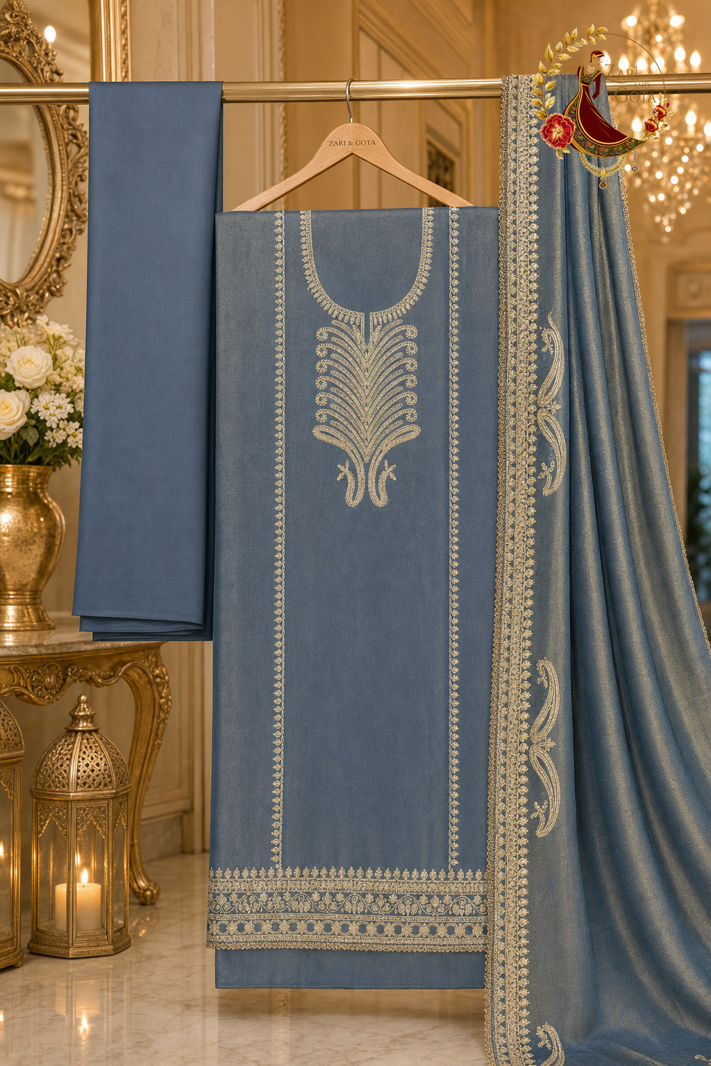 Unstitched blue shimmer Jimmy Choo golden thread embroidered suit set components displayed on a hanger: shirt fabric, dupatta and bottom