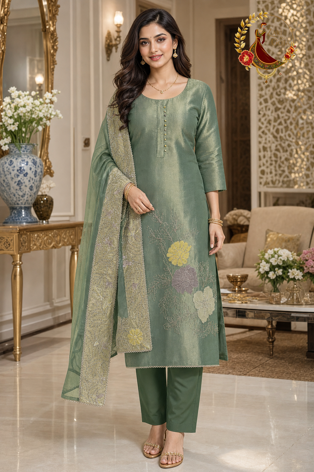 Green shimmer Jimmy Choo unstitched suit set with appliqué flowers and gold-bordered designer dupatta, worn by a model with straight trousers, Zari and Gota UK
