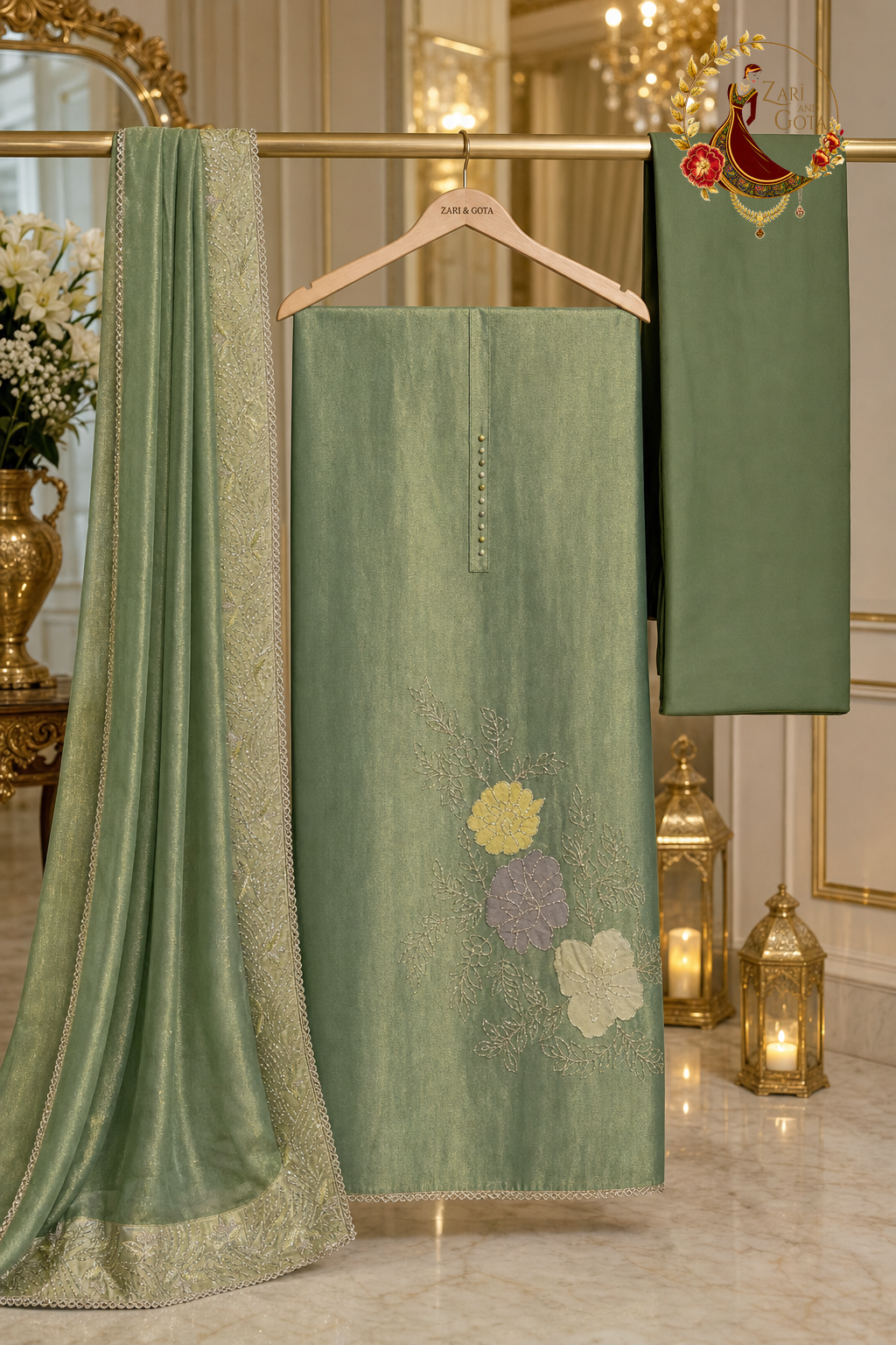 Unstitched green shimmer Jimmy Choo appliqué flower suit set components displayed on a hanger: shirt fabric, designer dupatta and bottom