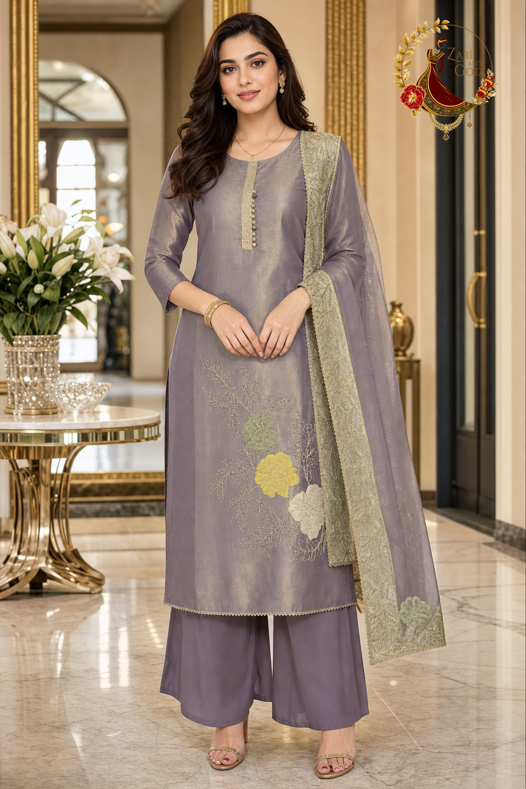 Lavender shimmer Jimmy Choo unstitched suit set with appliqué flowers and gold-bordered designer dupatta, worn by a model with palazzo trousers, Zari and Gota UK