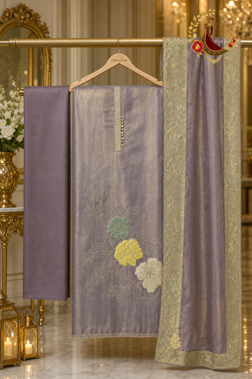 Unstitched lavender shimmer Jimmy Choo appliqué flower suit set components displayed on a hanger: shirt fabric, designer dupatta and bottom
